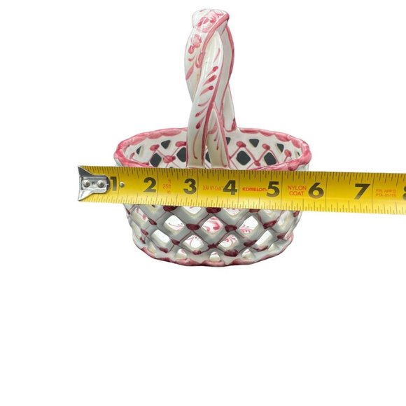 Ceramic Woven Egg Basket Portugal Hand Painted Braided Handle Pink White 7” - Picture 7 of 8